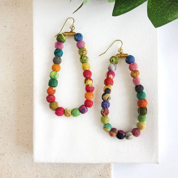 World Finds Kantha Oblong Hoop Bead Earrings - Picture 2 of 3